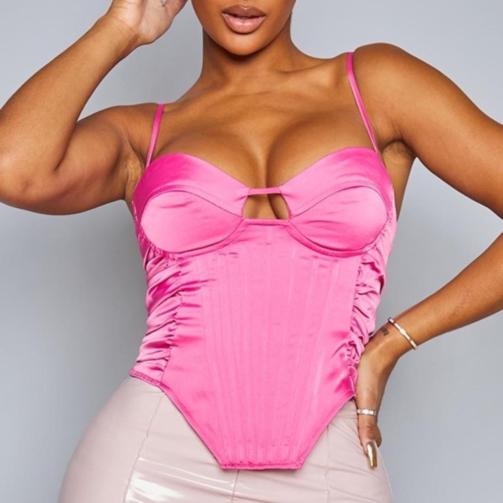 NWT PrettyLittleThing Corset Top Womens 12 Hot Pink Satin Bustier Y2K Ruched